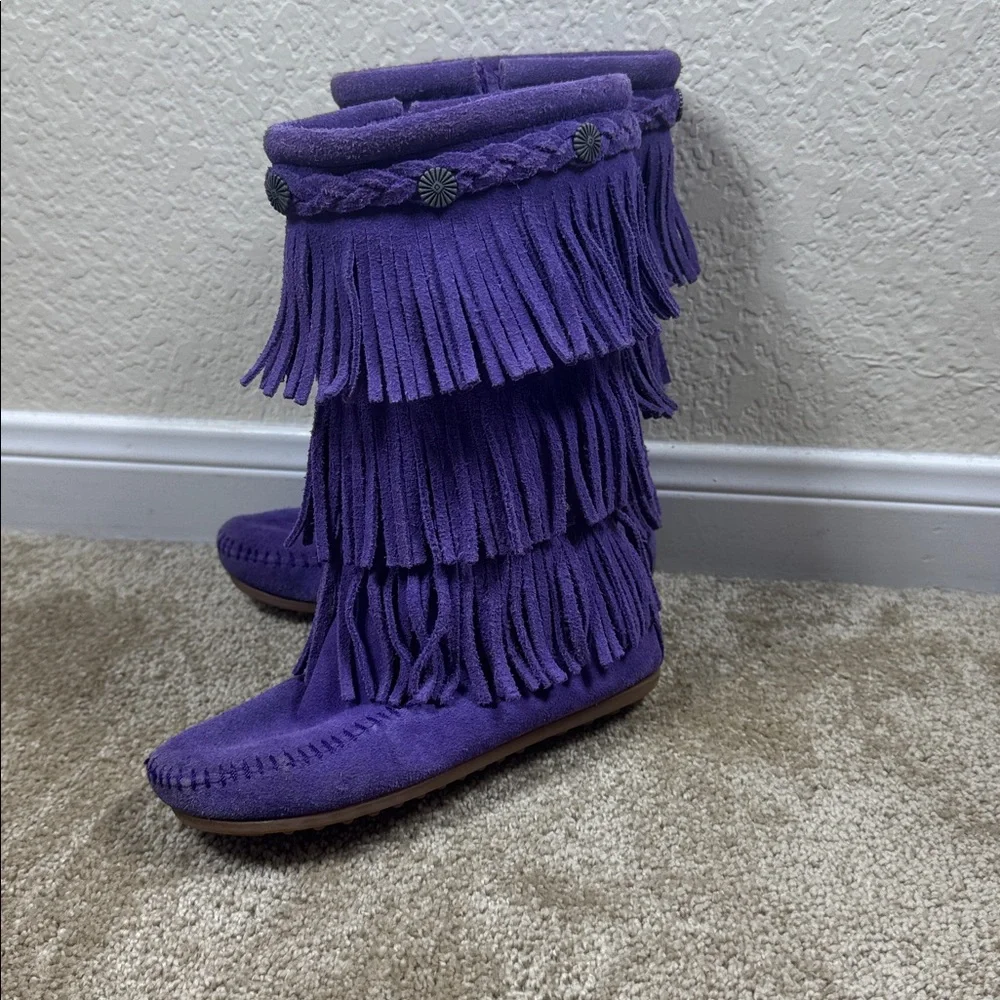 Minnetonka 3-Layer Fringe Purple Suede‎ Moccasin Boots 2654S Womens 13 Kids 13